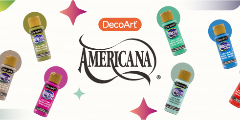 Frascos de tinta acrílica DecoArt coloridos dispostos sobre fundo branco com elementos gráficos coloridos